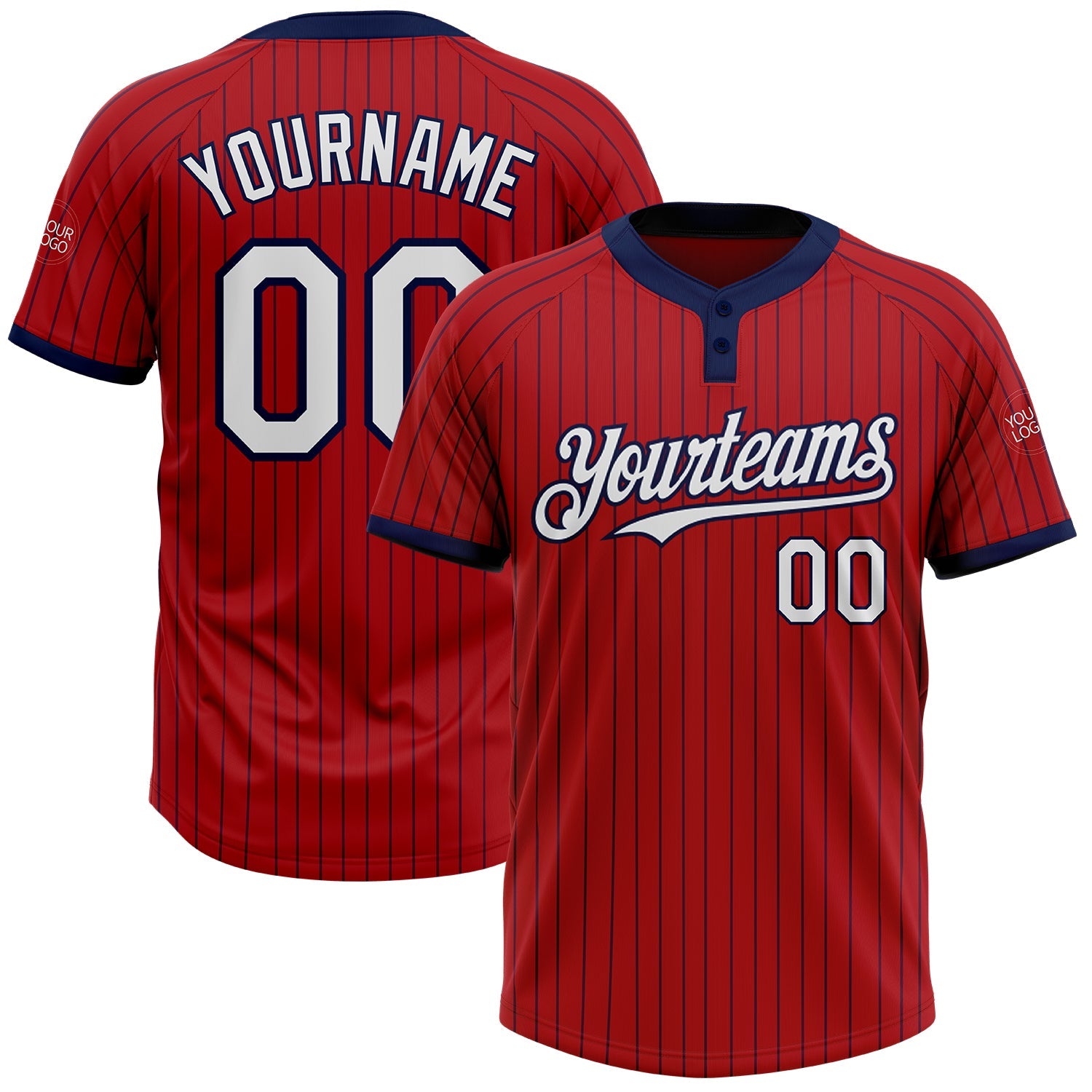 Custom Red Navy Pinstripe White Two-Button Unisex Softball Jersey - Main View