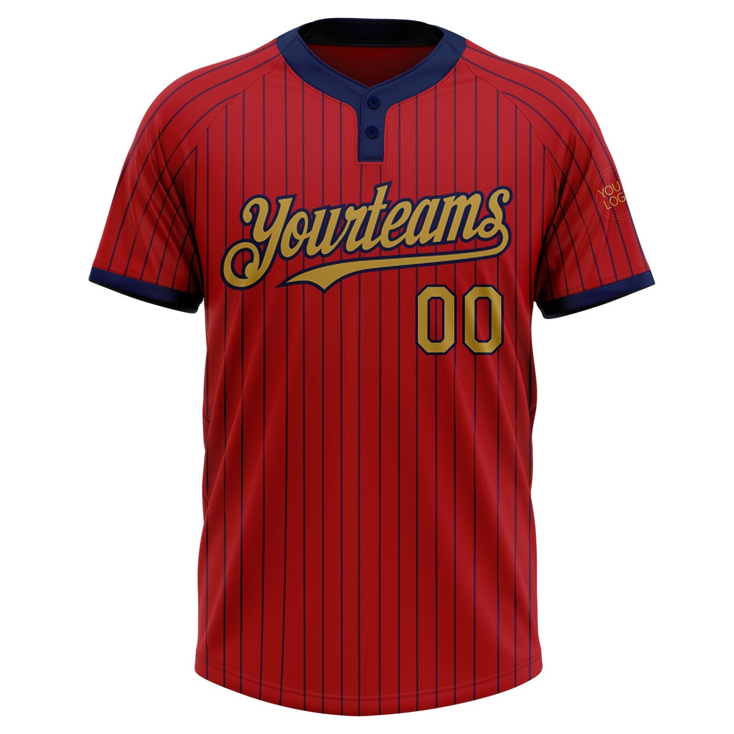 Custom Red Navy Pinstripe Old Gold Two-Button Unisex Softball Jersey view 2