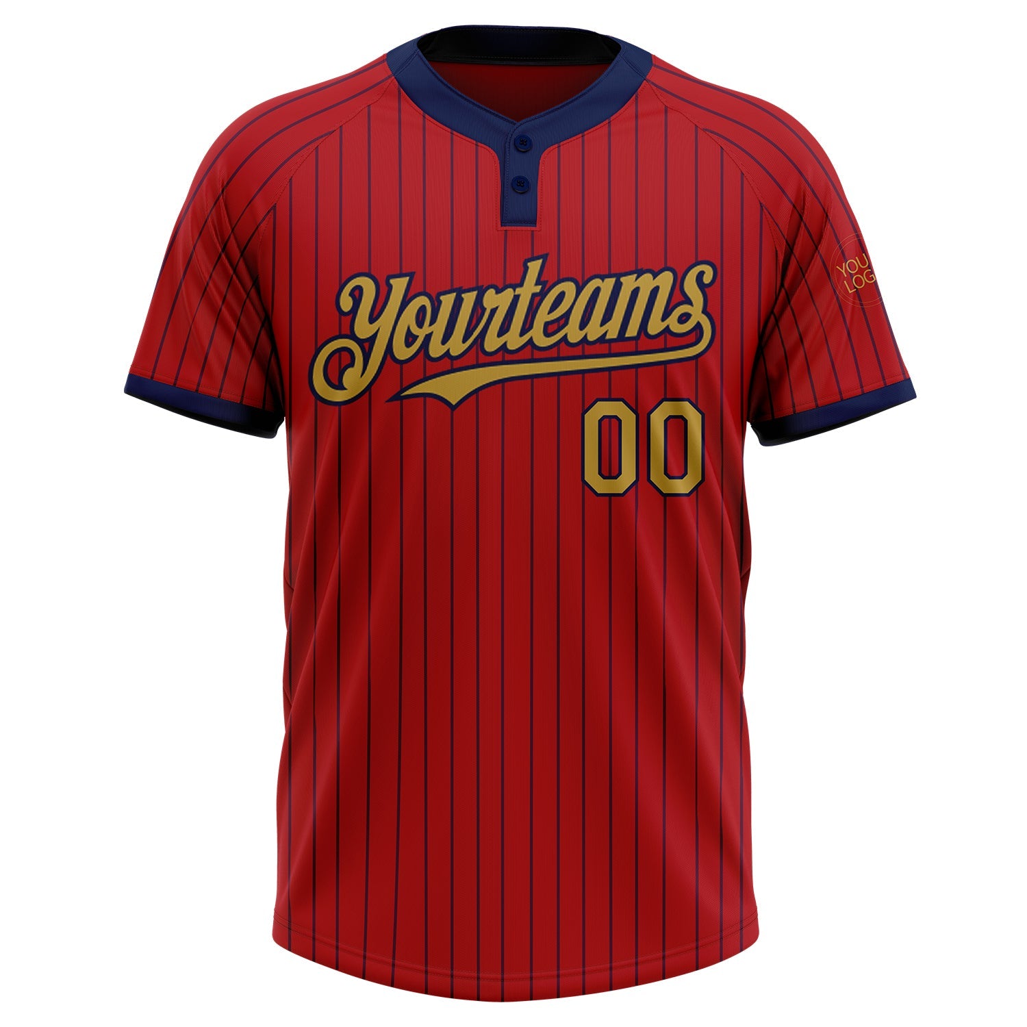 Custom Red Navy Pinstripe Old Gold Two-Button Unisex Softball Jersey view 2