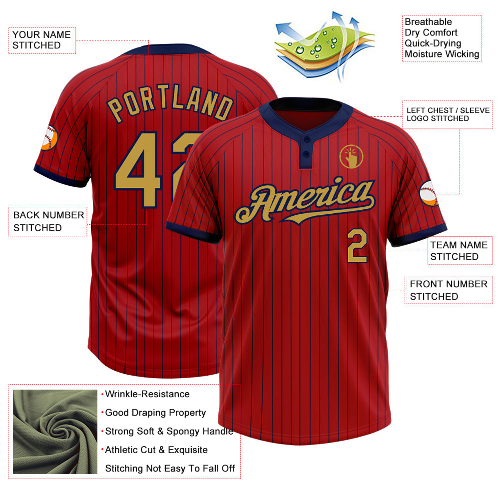 Custom Red Navy Pinstripe Old Gold Two-Button Unisex Softball Jersey view 3
