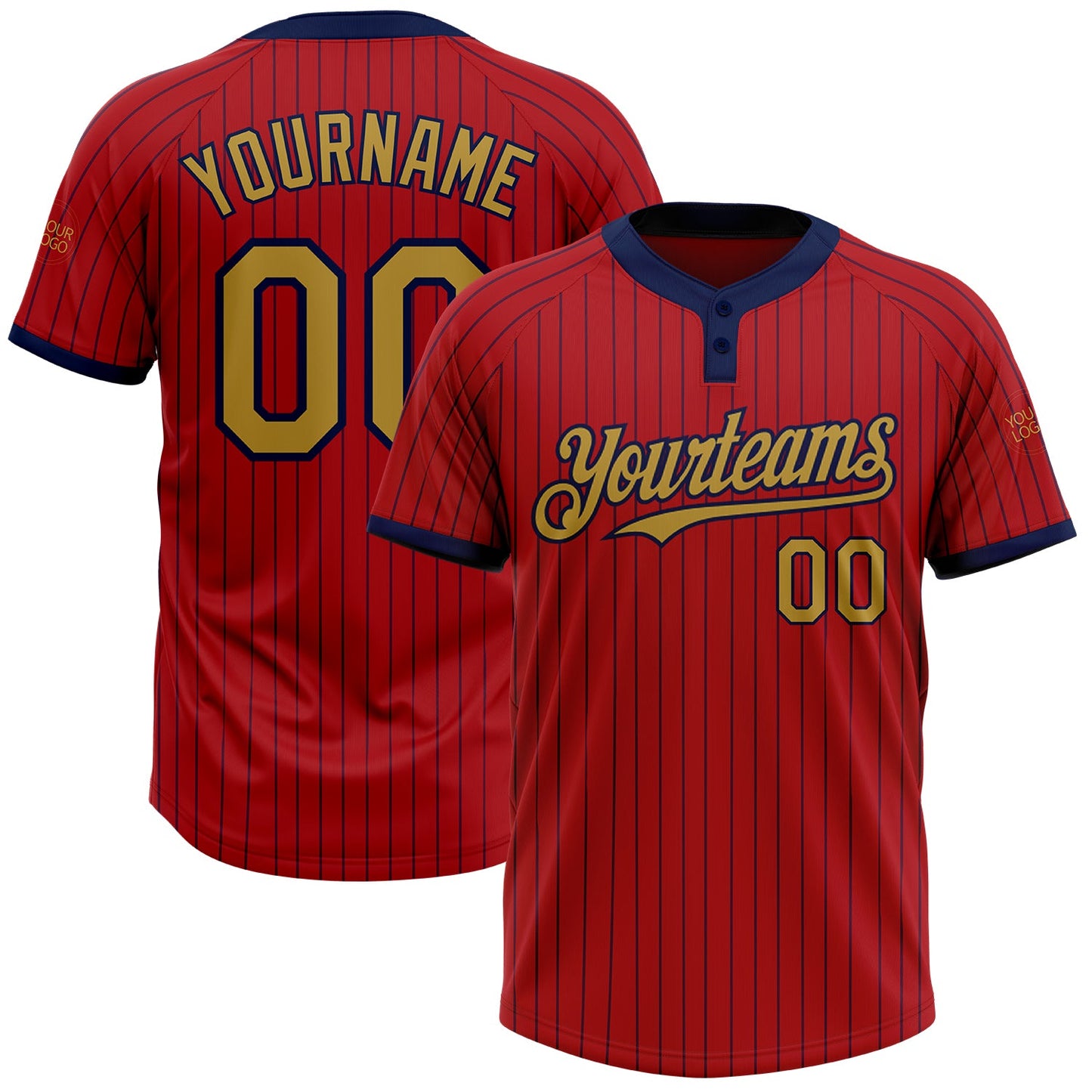 Custom Red Navy Pinstripe Old Gold Two-Button Unisex Softball Jersey - Main View