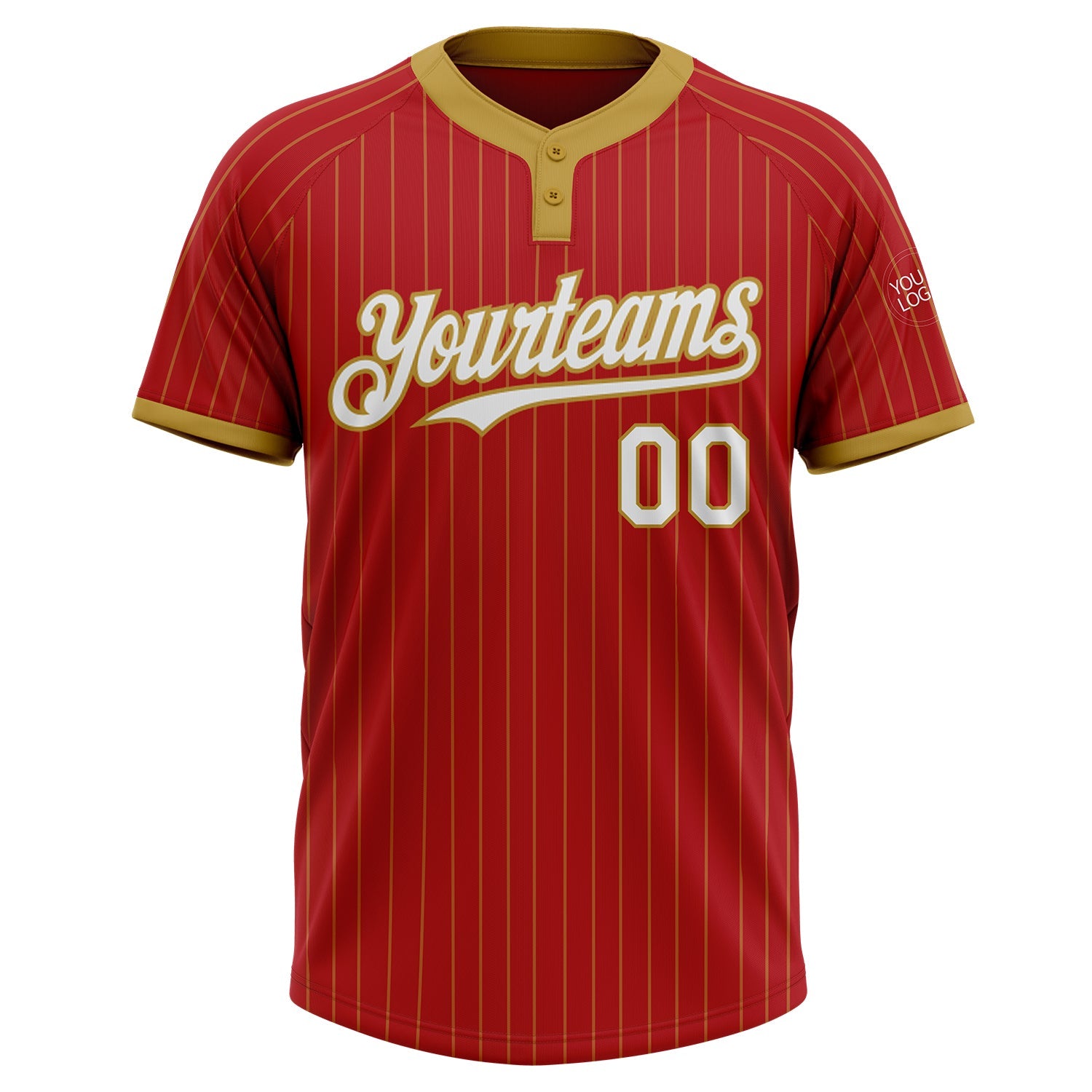 Custom Red Old Gold Pinstripe White Two-Button Unisex Softball Jersey view 2