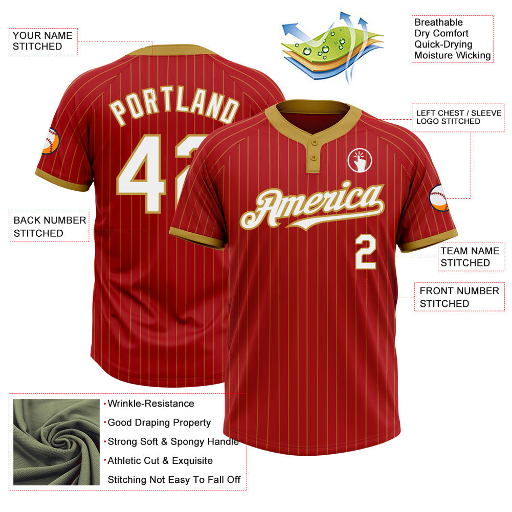 Custom Red Old Gold Pinstripe White Two-Button Unisex Softball Jersey view 3
