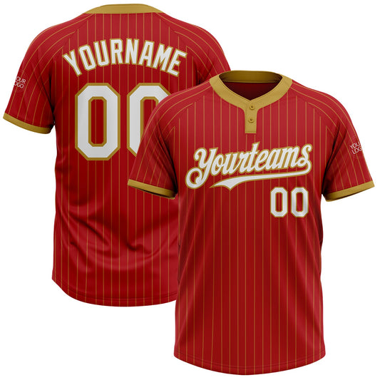 Custom Red Old Gold Pinstripe White Two-Button Unisex Softball Jersey - Main View