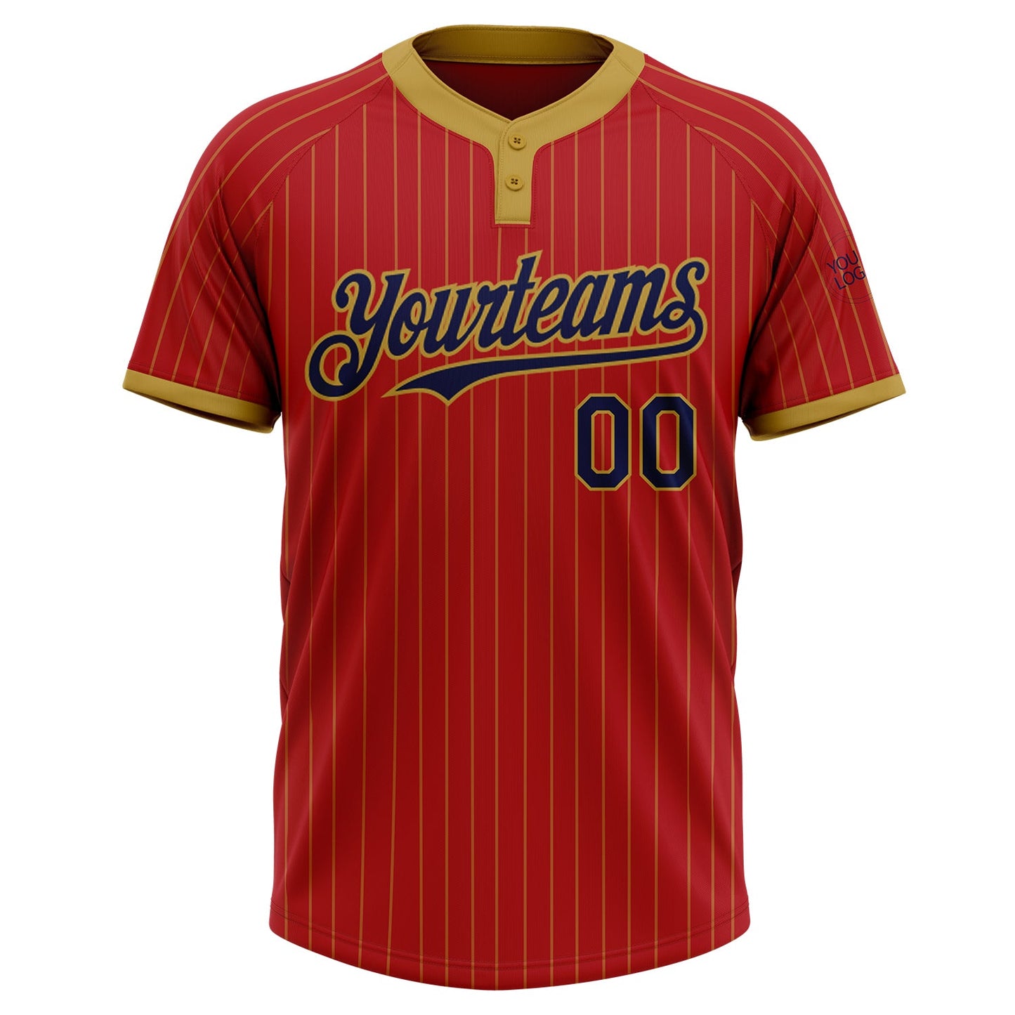 Custom Red Old Gold Pinstripe Navy Two-Button Unisex Softball Jersey view 2