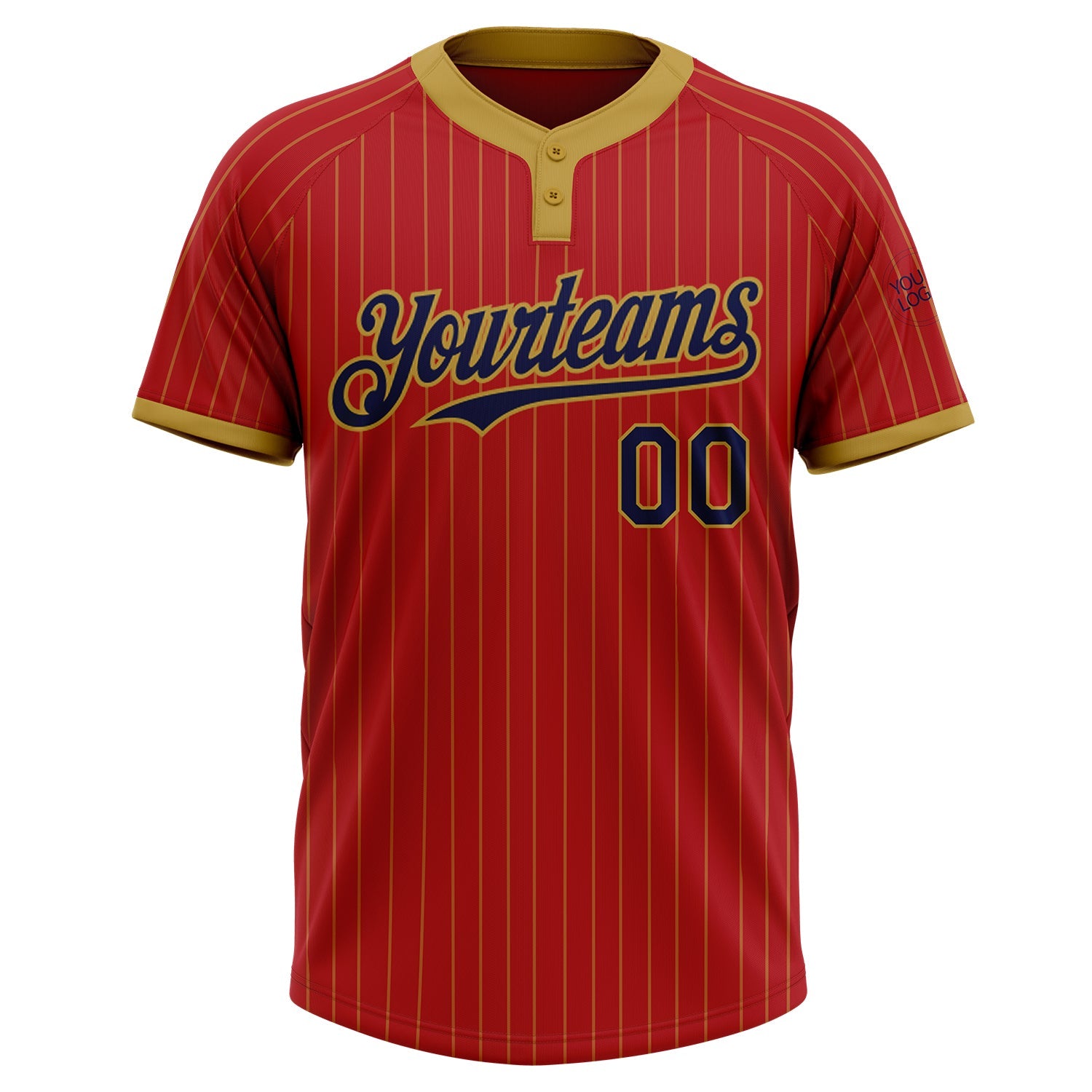 Custom Red Old Gold Pinstripe Navy Two-Button Unisex Softball Jersey view 2
