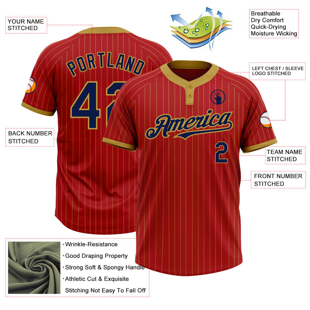 Custom Red Old Gold Pinstripe Navy Two-Button Unisex Softball Jersey view 3