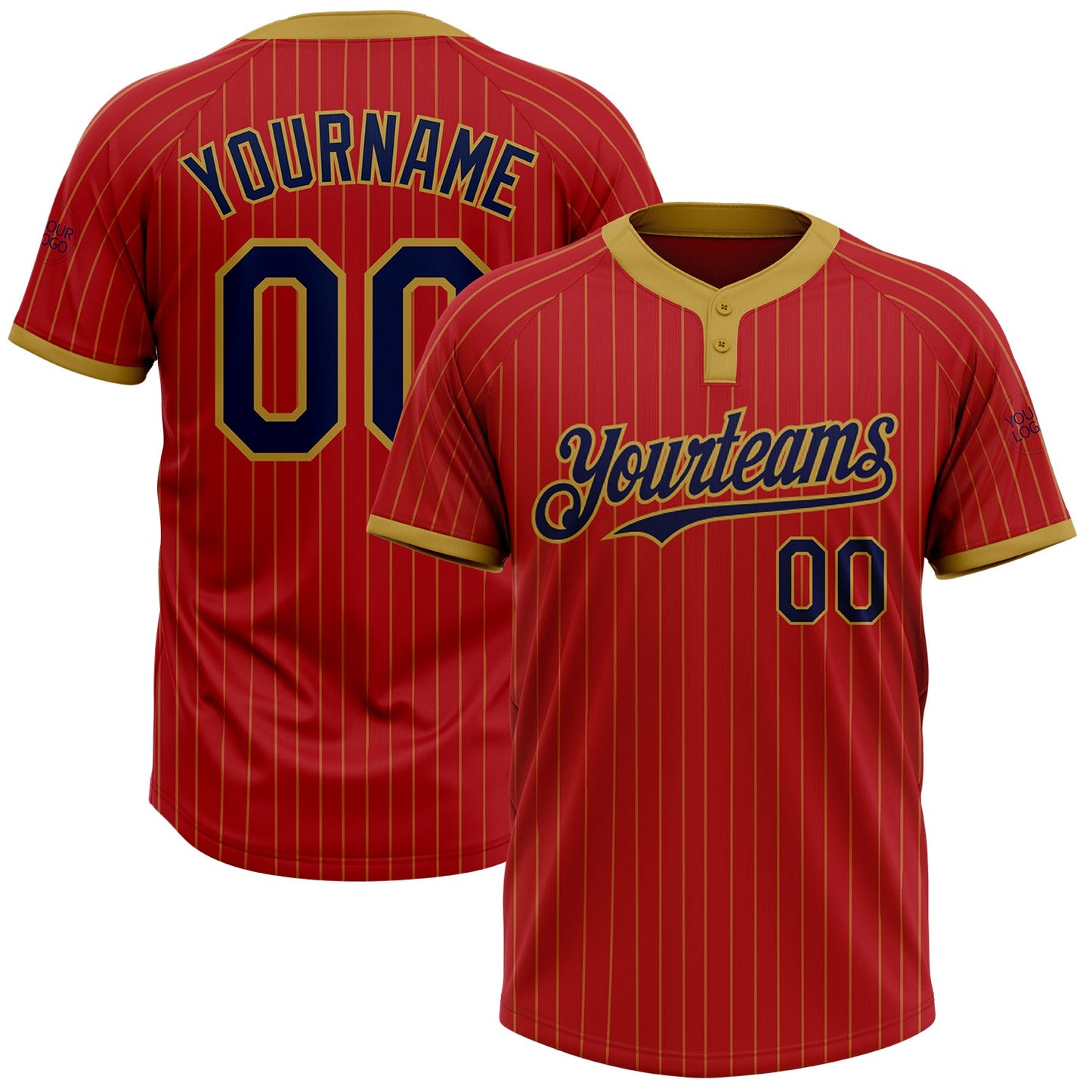 Custom Red Old Gold Pinstripe Navy Two-Button Unisex Softball Jersey - Main View