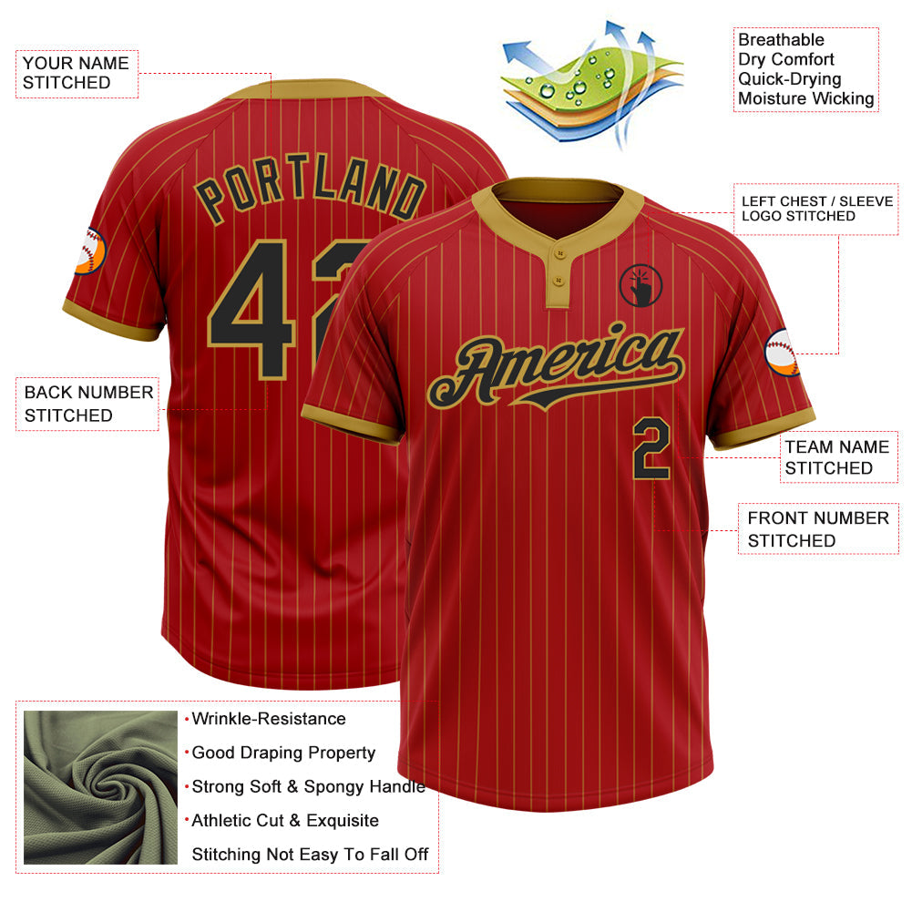 Custom Red Old Gold Pinstripe Black Two-Button Unisex Softball Jersey view 3