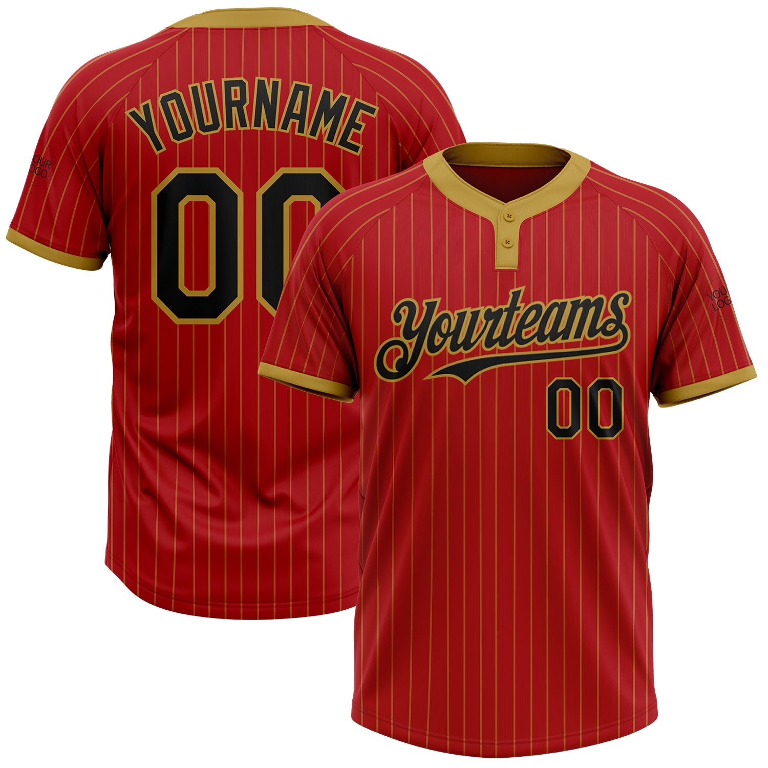 Custom Red Old Gold Pinstripe Black Two-Button Unisex Softball Jersey - Main View