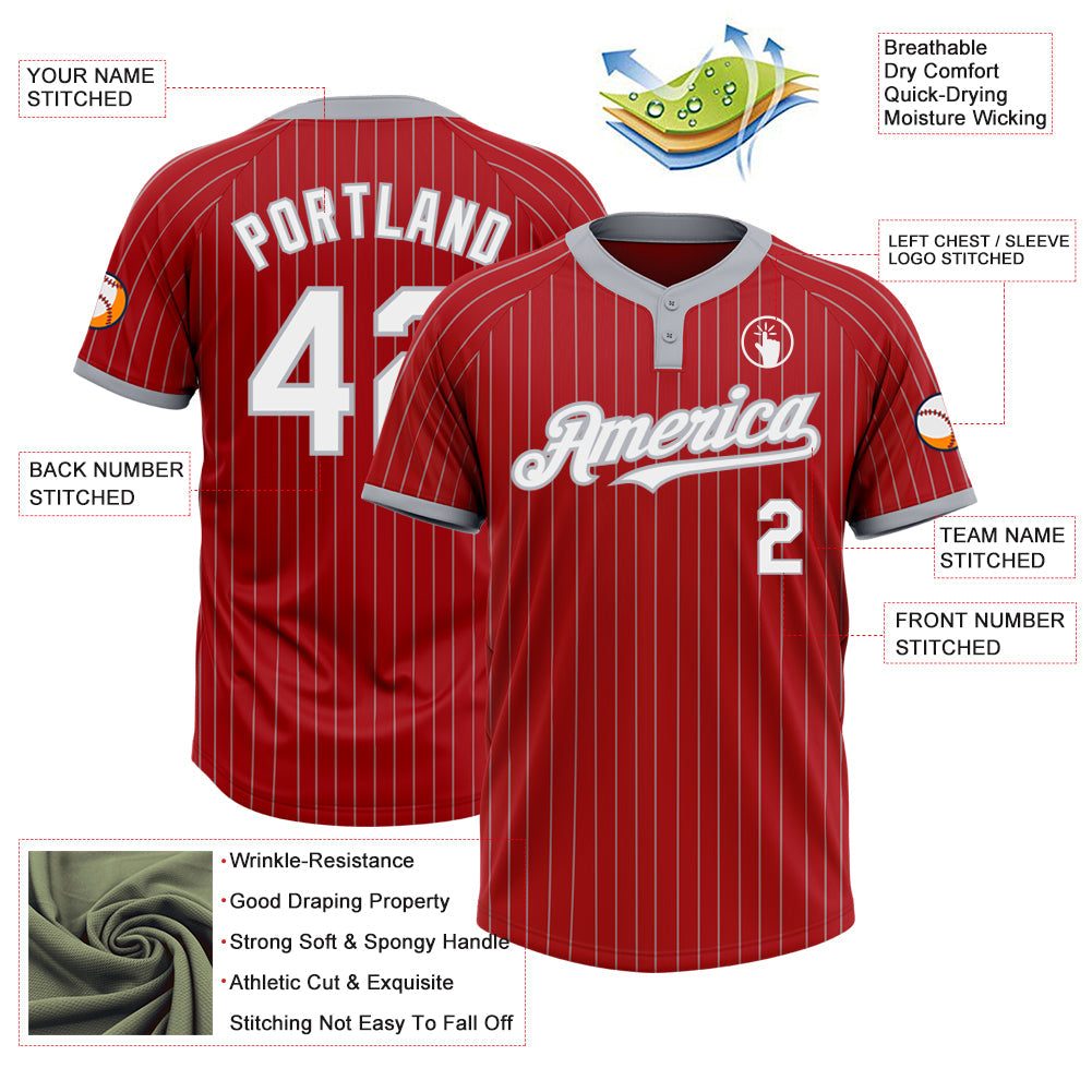 Custom Red Gray Pinstripe White Two-Button Unisex Softball Jersey view 3