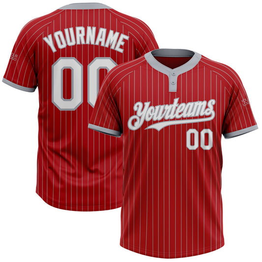 Custom Red Gray Pinstripe White Two-Button Unisex Softball Jersey - Main View