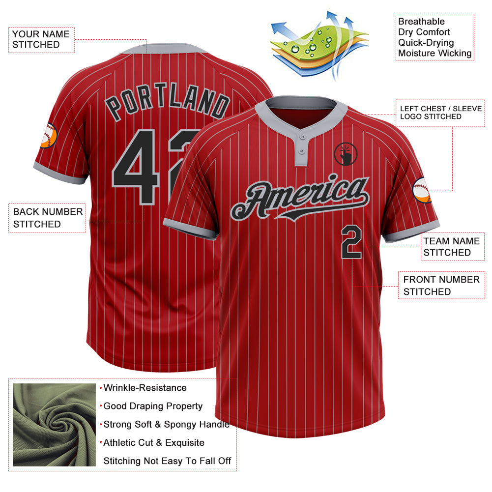 Custom Red Gray Pinstripe Black Two-Button Unisex Softball Jersey view 3