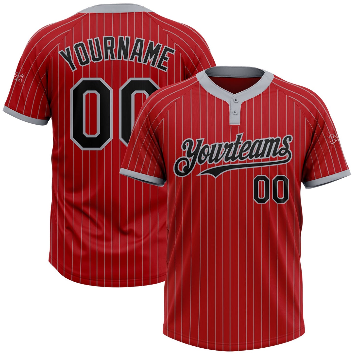 Custom Red Gray Pinstripe Black Two-Button Unisex Softball Jersey - Main View