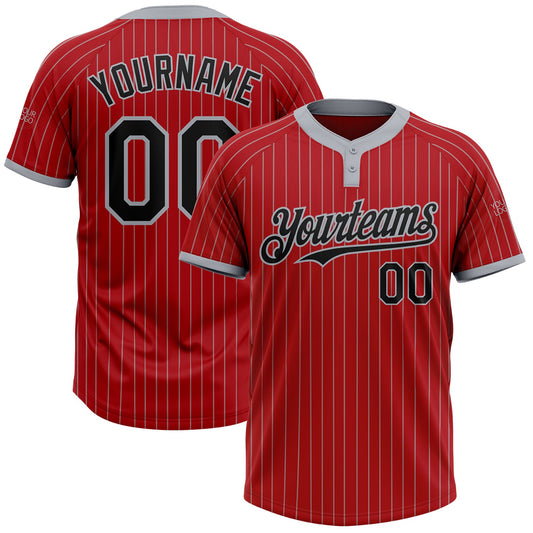 Custom Red Gray Pinstripe Black Two-Button Unisex Softball Jersey - Main View