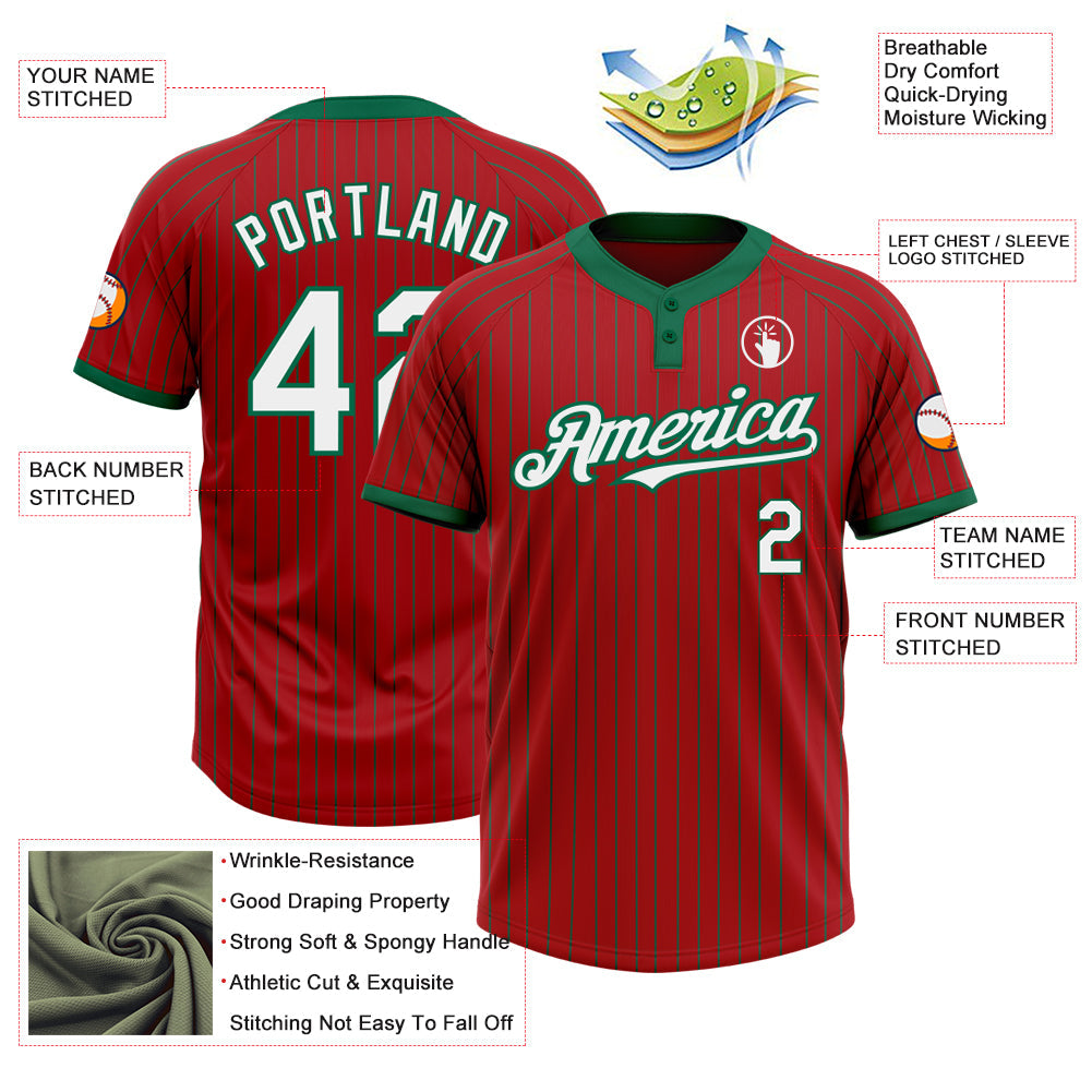Custom Red Kelly Green Pinstripe Kelly Green Two-Button Unisex Softball Jersey view 3