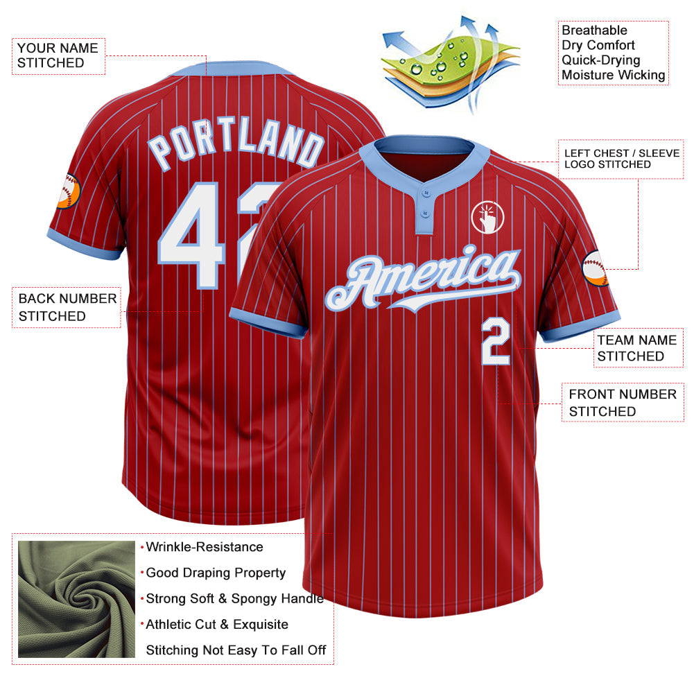 Custom Red Light Blue Pinstripe White Two-Button Unisex Softball Jersey view 3