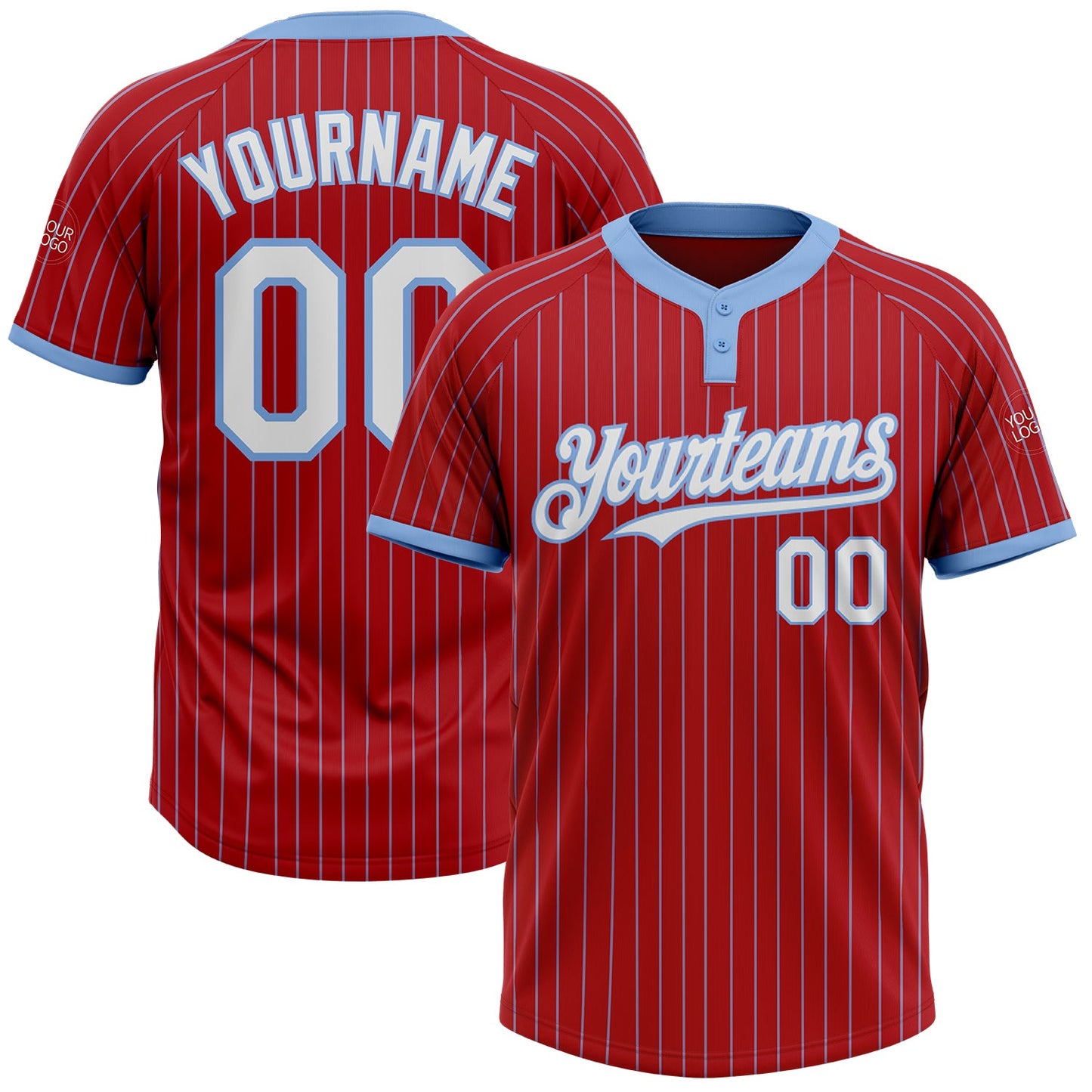 Custom Red Light Blue Pinstripe White Two-Button Unisex Softball Jersey - Main View