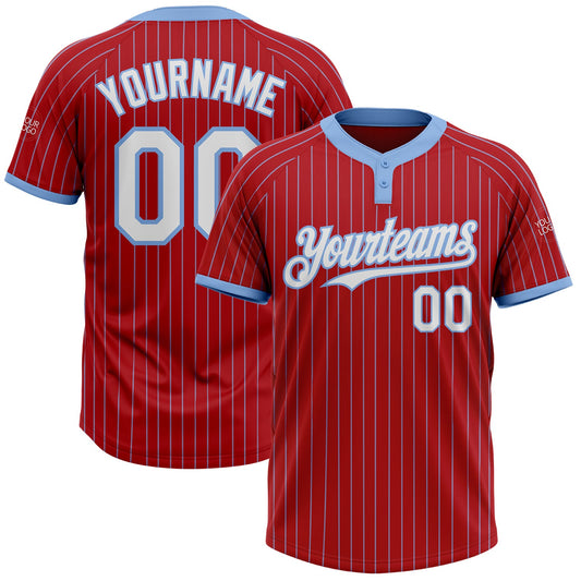 Custom Red Light Blue Pinstripe White Two-Button Unisex Softball Jersey - Main View