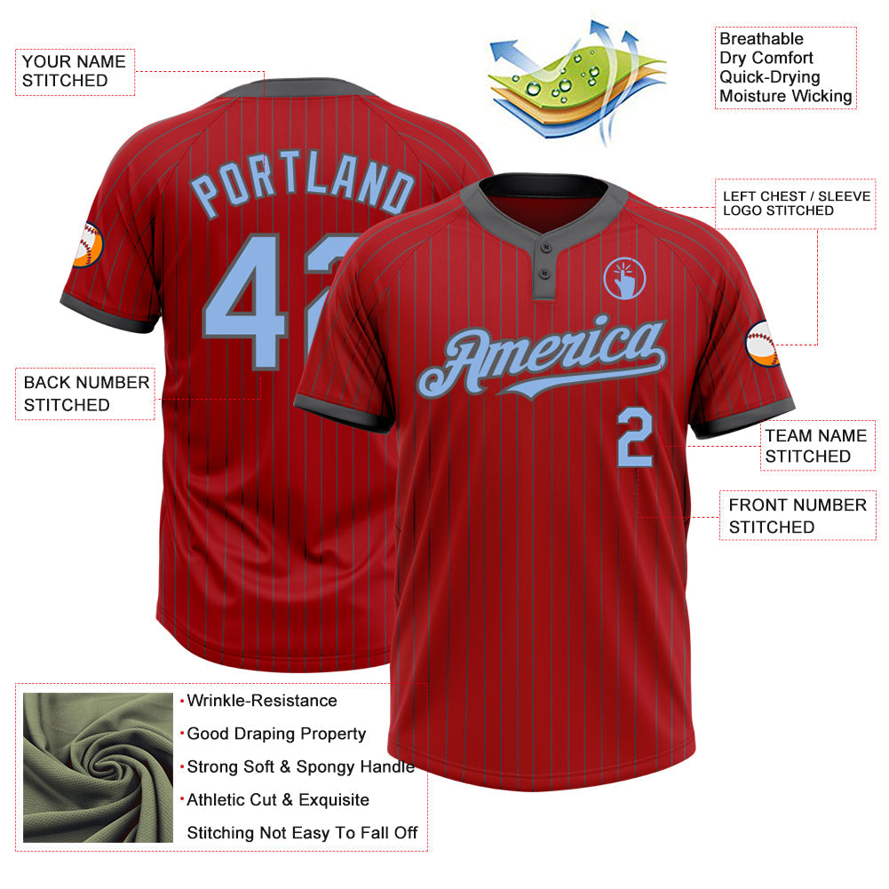 Custom Red Steel Gray Pinstripe Light Blue Two-Button Unisex Softball Jersey view 3