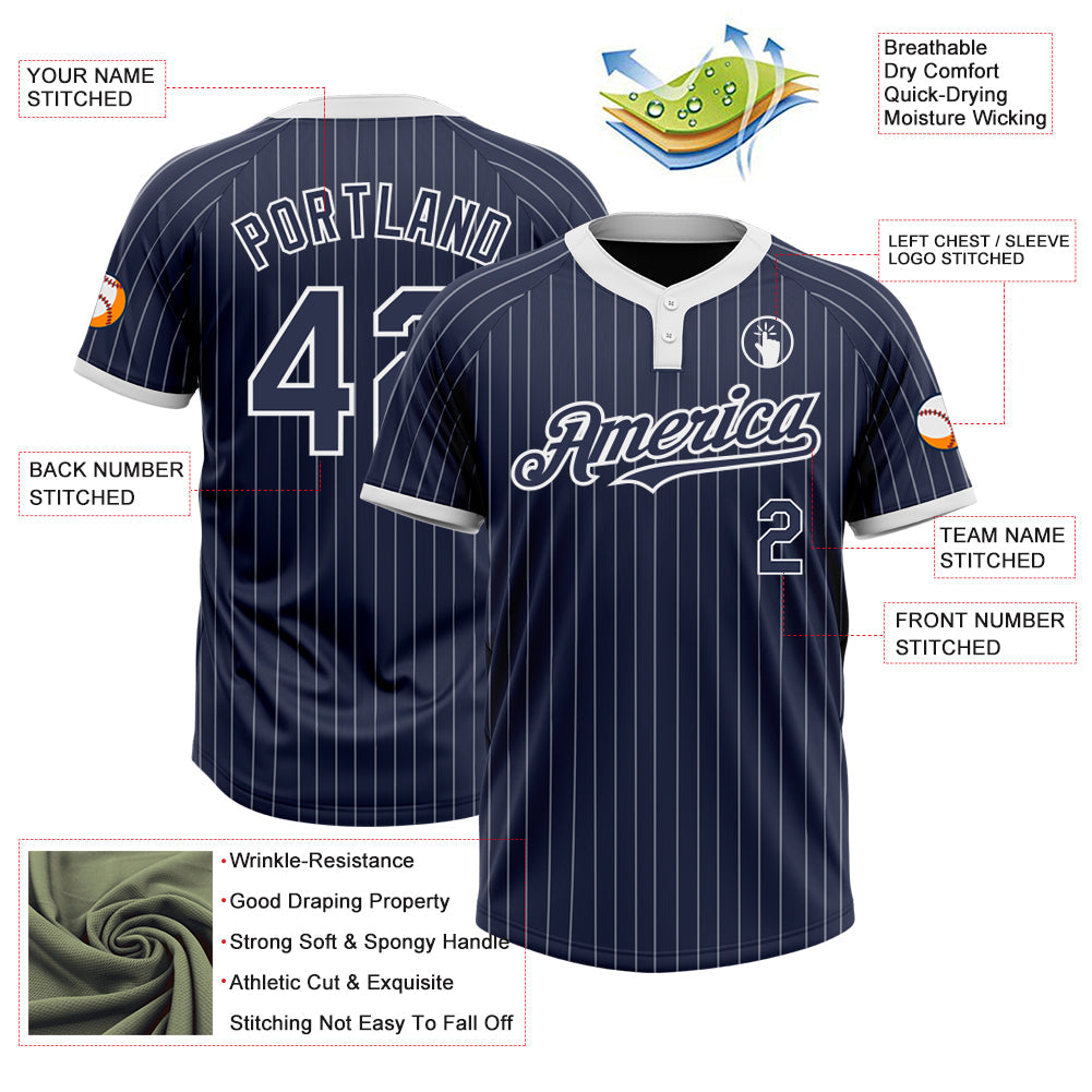 Custom Navy White Pinstripe White Two-Button Unisex Softball Jersey view 3