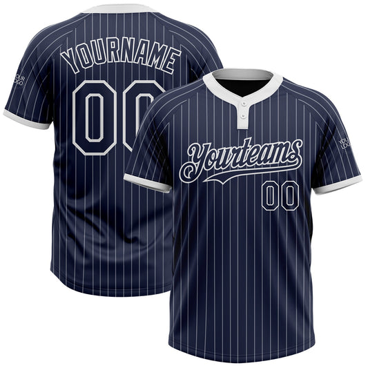 Custom Navy White Pinstripe White Two-Button Unisex Softball Jersey - Main View