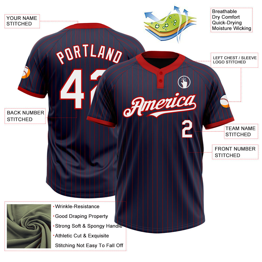 Custom Navy Red Pinstripe White Two-Button Unisex Softball Jersey view 3