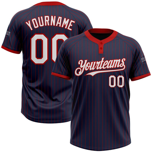 Custom Navy Red Pinstripe White Two-Button Unisex Softball Jersey - Main View