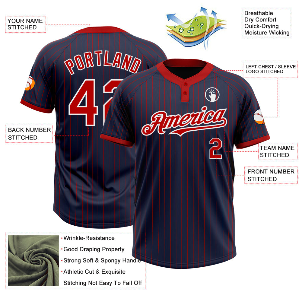 Custom Navy Red Pinstripe White Two-Button Unisex Softball Jersey view 3
