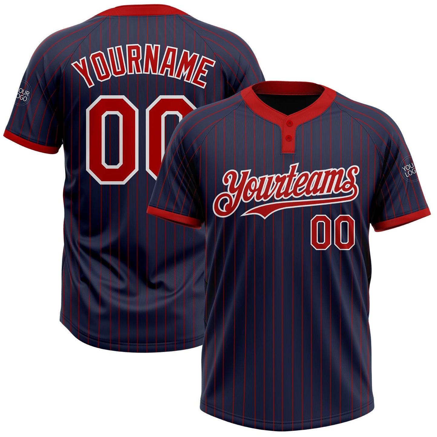 Custom Navy Red Pinstripe White Two-Button Unisex Softball Jersey - Main View