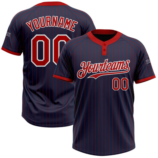 Custom Navy Red Pinstripe White Two-Button Unisex Softball Jersey - Main View