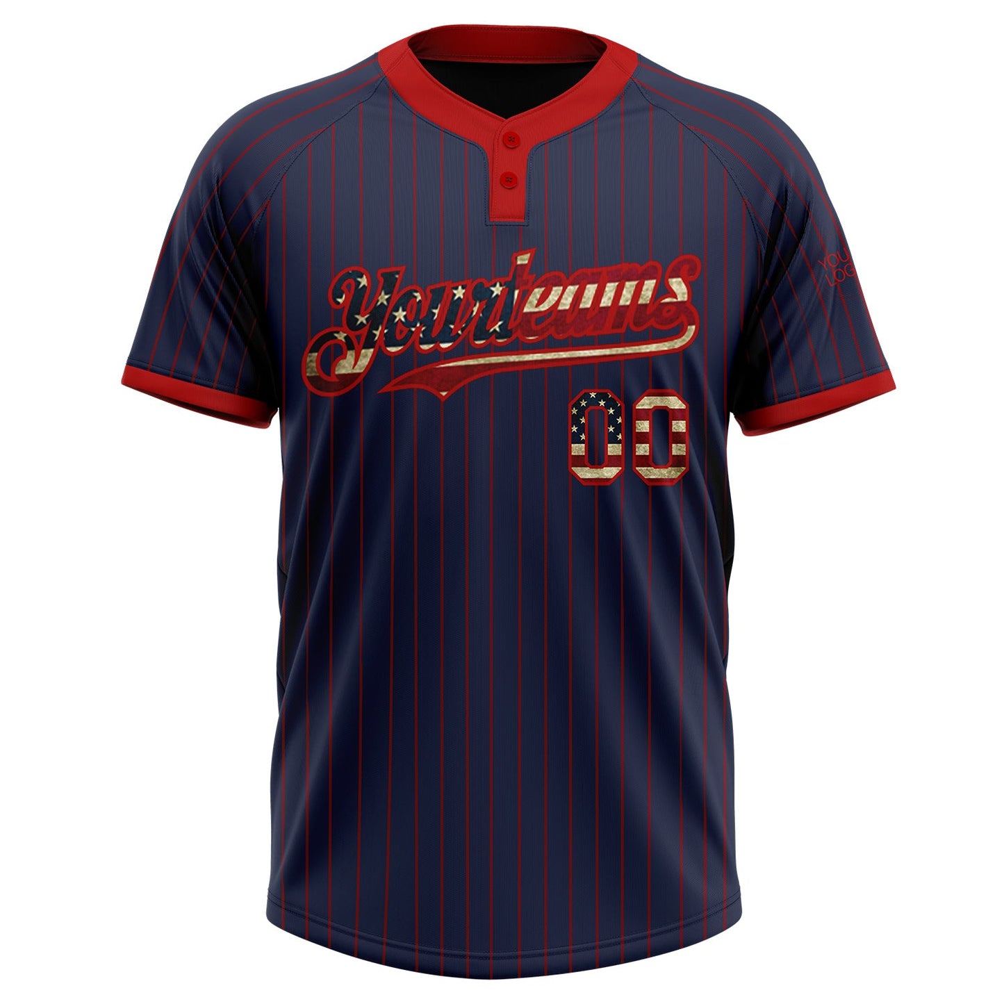 Custom Navy Red Pinstripe Vintage USA Flag Two-Button Unisex Softball Jersey view 2