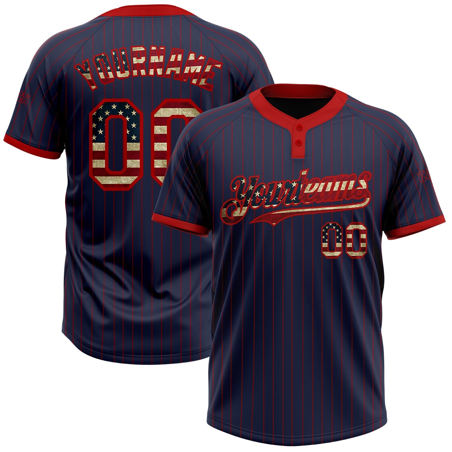 Custom Navy Red Pinstripe Vintage USA Flag Two-Button Unisex Softball Jersey - Main View
