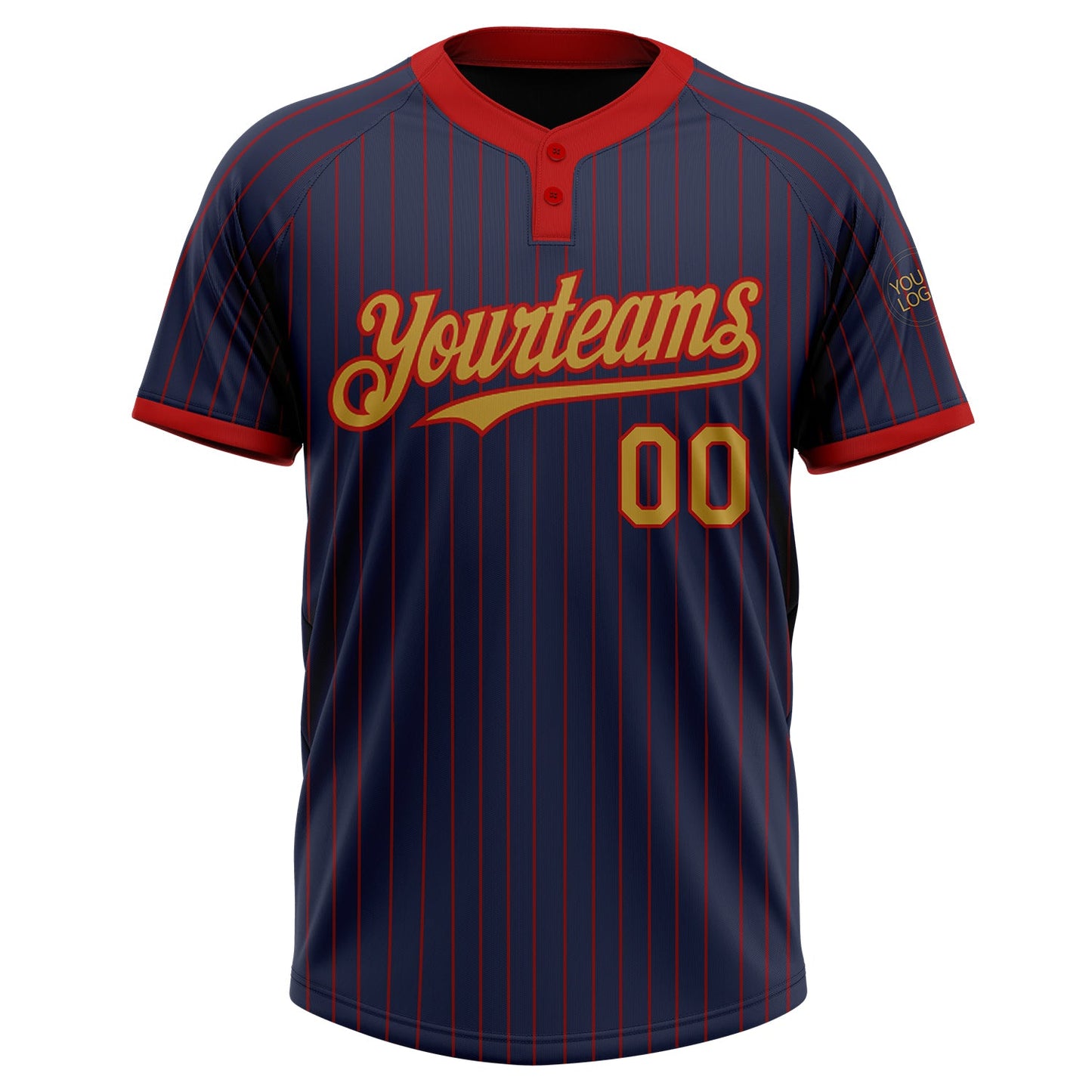 Custom Navy Red Pinstripe Old Gold Two-Button Unisex Softball Jersey view 2