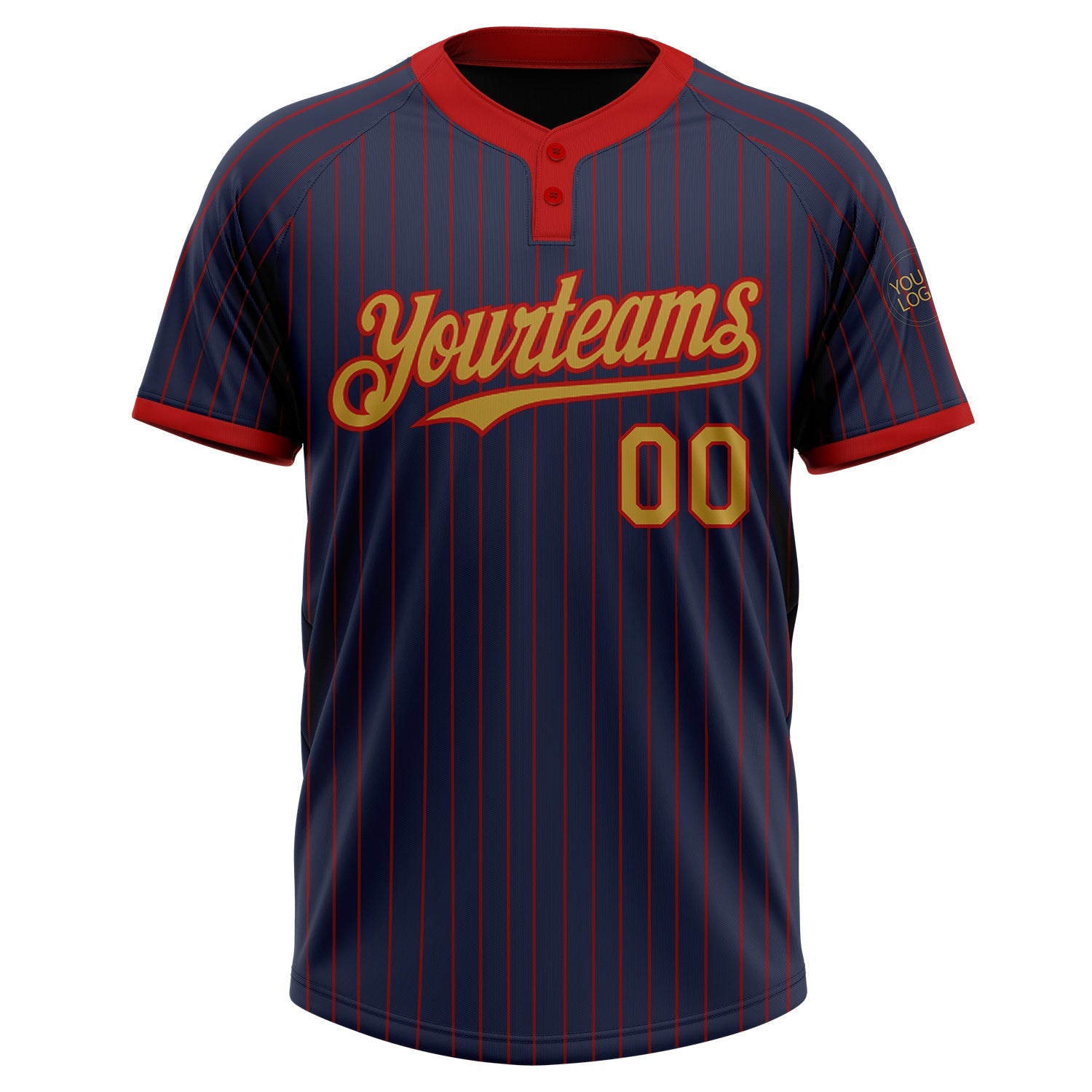 Custom Navy Red Pinstripe Old Gold Two-Button Unisex Softball Jersey view 2