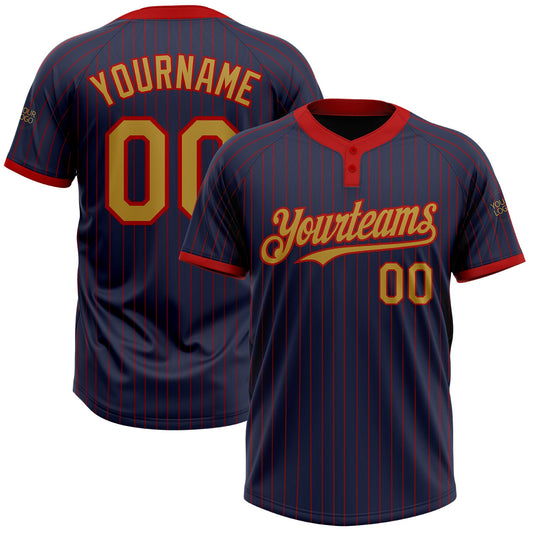 Custom Navy Red Pinstripe Old Gold Two-Button Unisex Softball Jersey - Main View