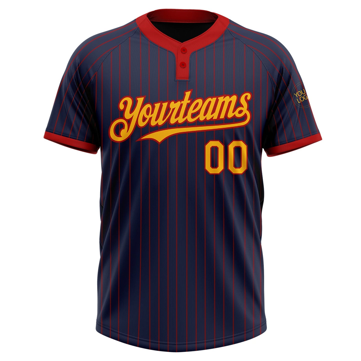 Custom Navy Red Pinstripe Gold Two-Button Unisex Softball Jersey view 2