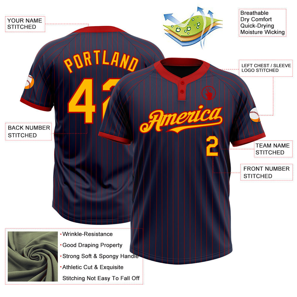 Custom Navy Red Pinstripe Gold Two-Button Unisex Softball Jersey view 3