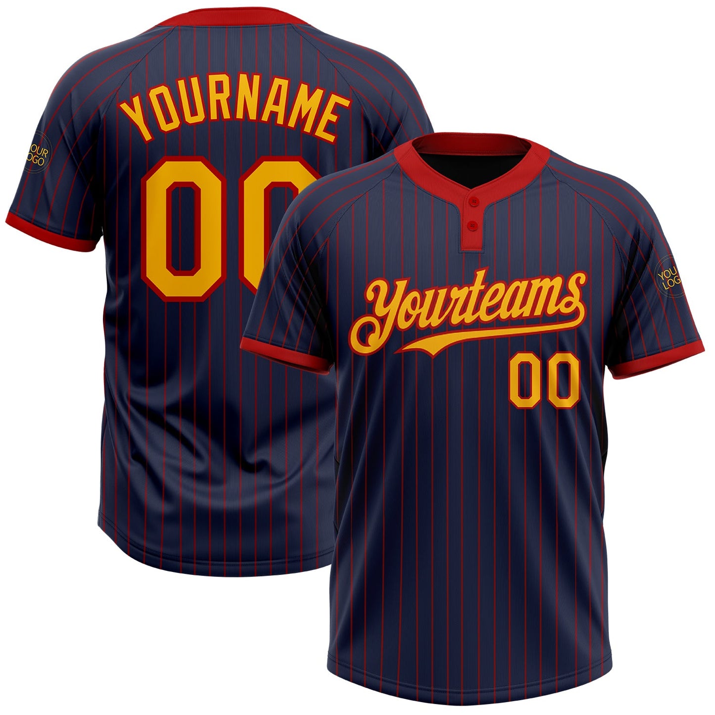 Custom Navy Red Pinstripe Gold Two-Button Unisex Softball Jersey - Main View