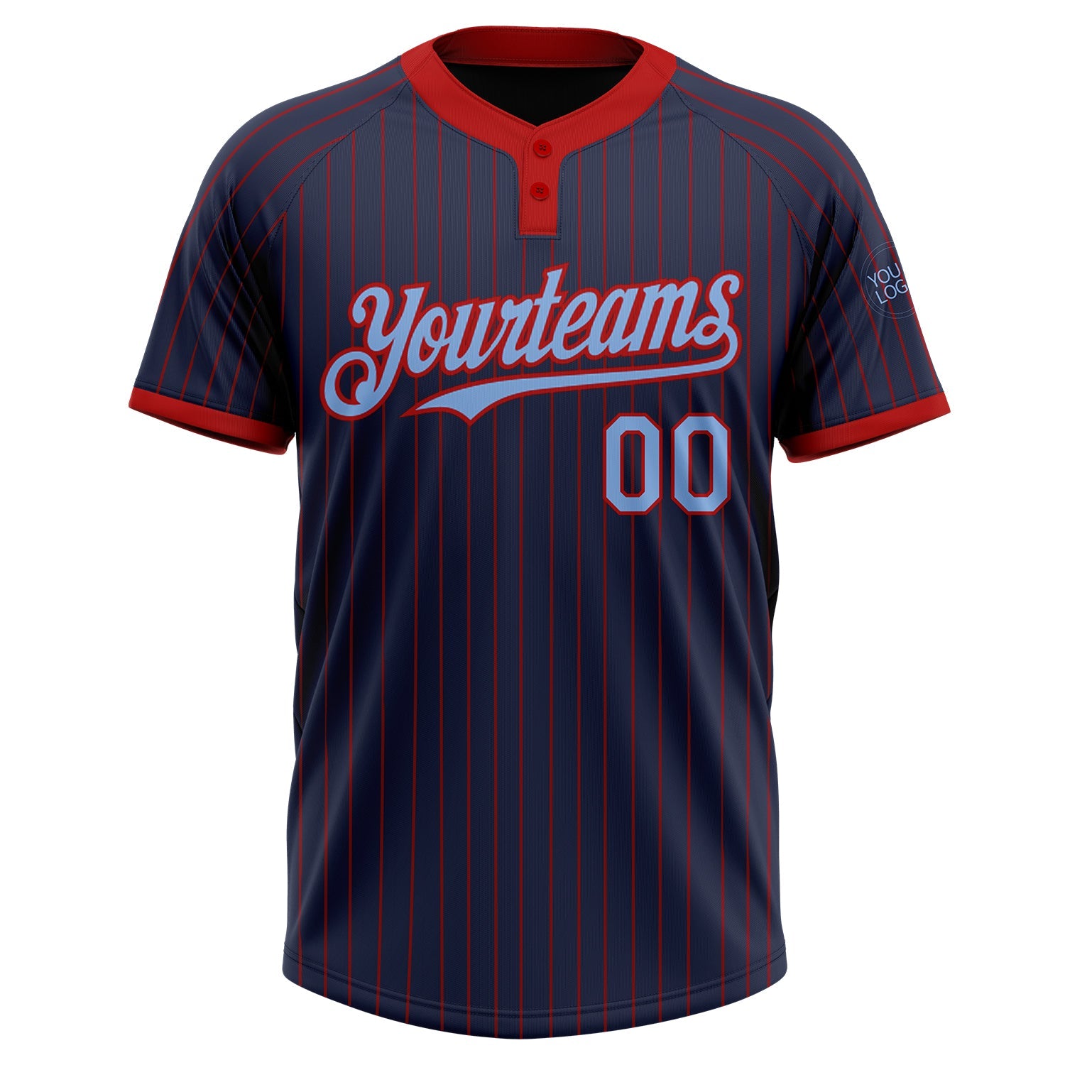 Custom Navy Red Pinstripe Light Blue Two-Button Unisex Softball Jersey view 2