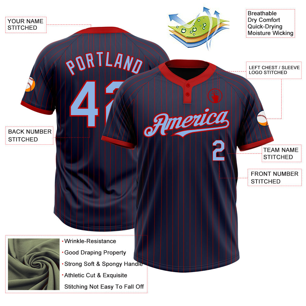 Custom Navy Red Pinstripe Light Blue Two-Button Unisex Softball Jersey view 3