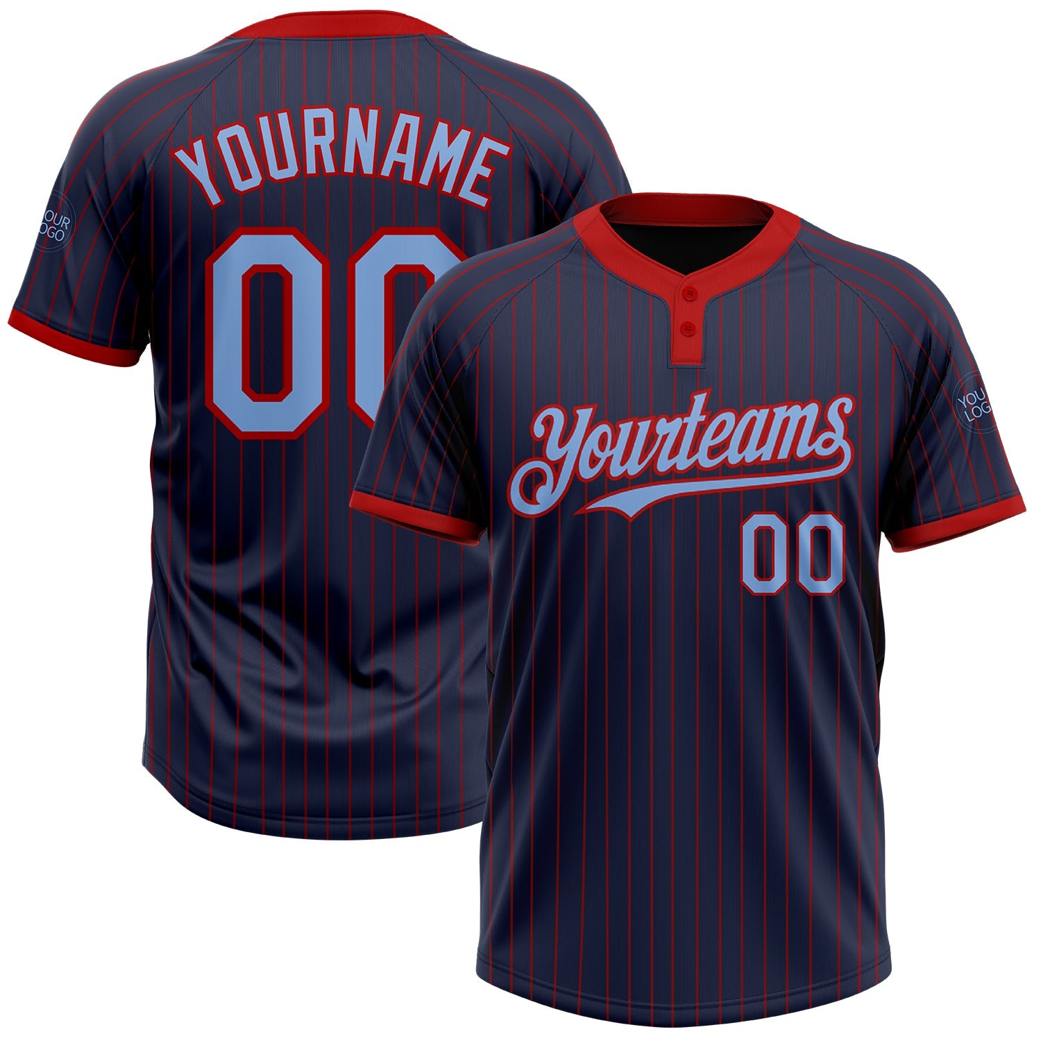 Custom Navy Red Pinstripe Light Blue Two-Button Unisex Softball Jersey - Main View