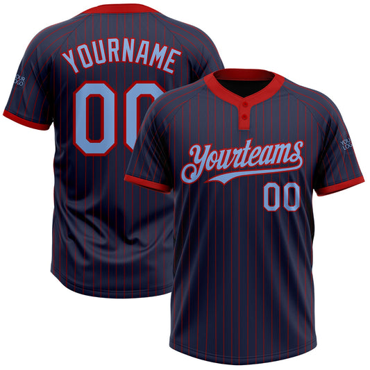 Custom Navy Red Pinstripe Light Blue Two-Button Unisex Softball Jersey - Main View