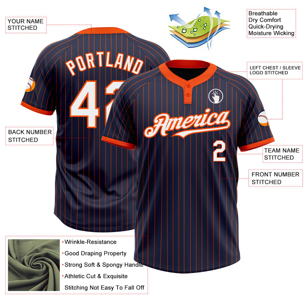Custom Navy Orange Pinstripe White Two-Button Unisex Softball Jersey view 3
