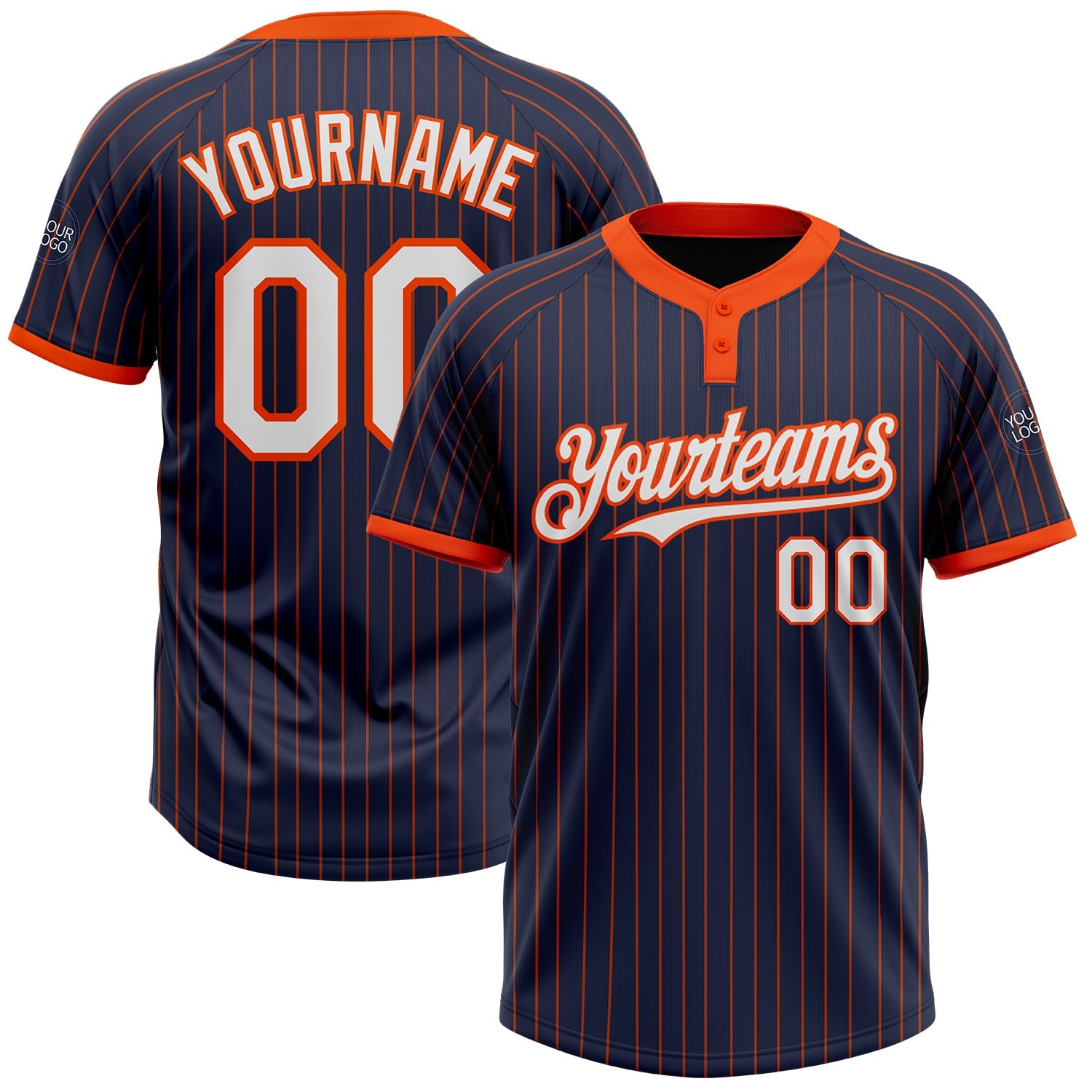 Custom Navy Orange Pinstripe White Two-Button Unisex Softball Jersey - Main View