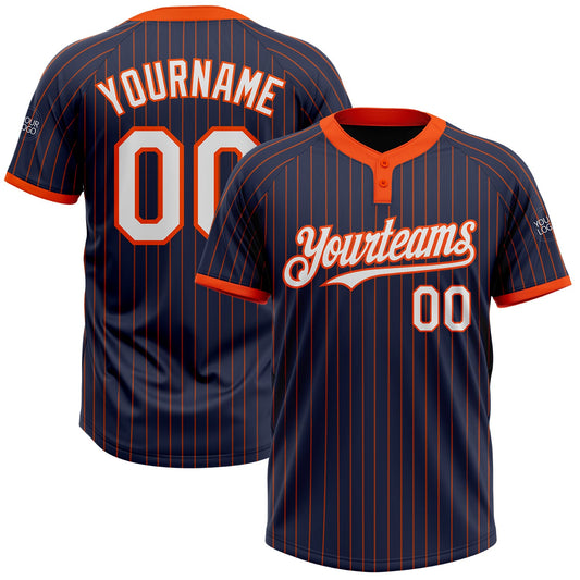 Custom Navy Orange Pinstripe White Two-Button Unisex Softball Jersey - Main View