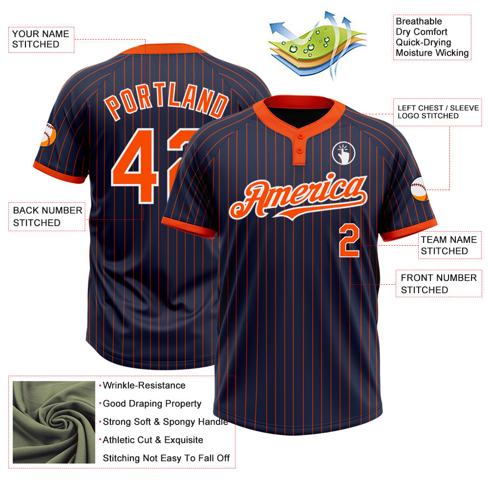 Custom Navy Orange Pinstripe White Two-Button Unisex Softball Jersey view 3