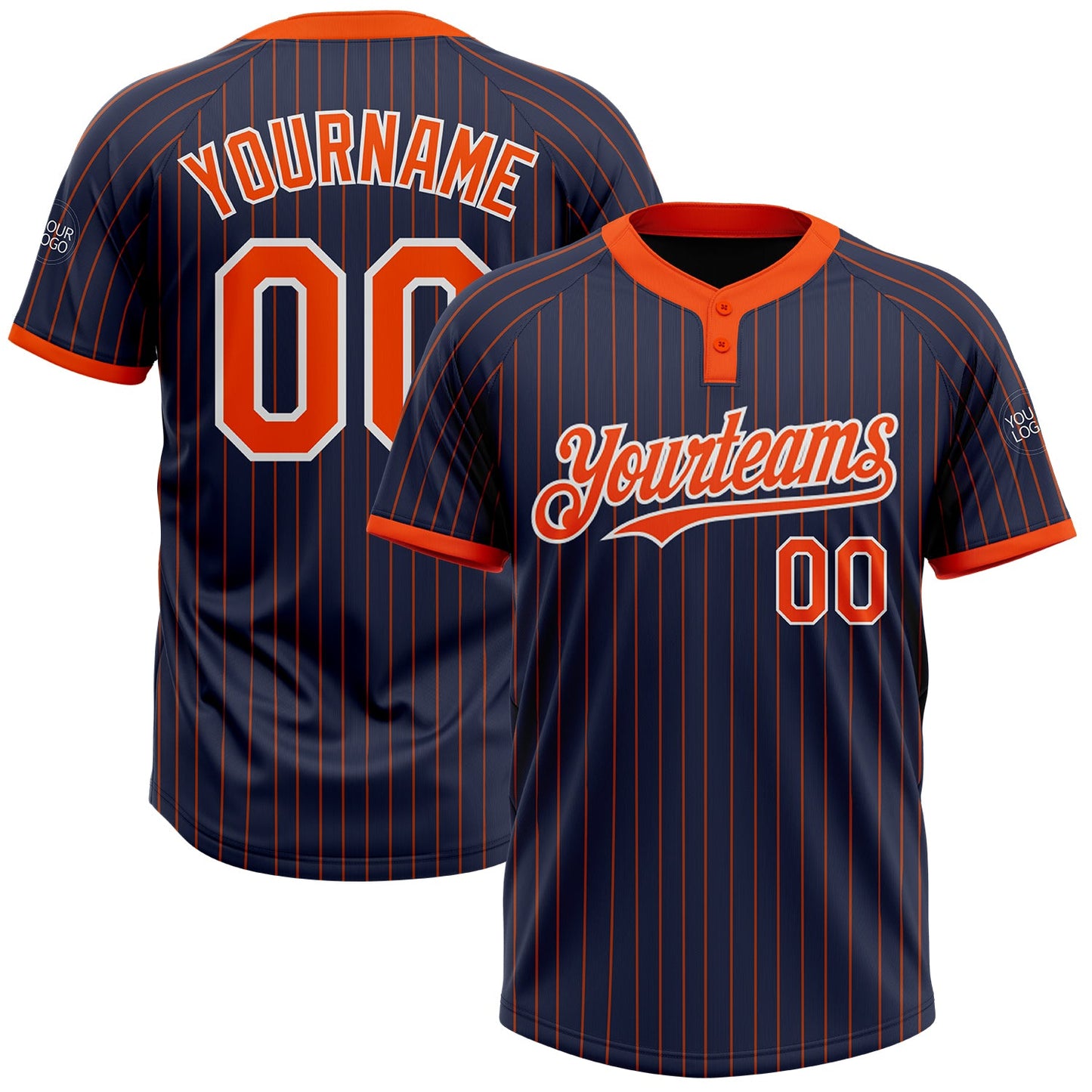 Custom Navy Orange Pinstripe White Two-Button Unisex Softball Jersey - Main View