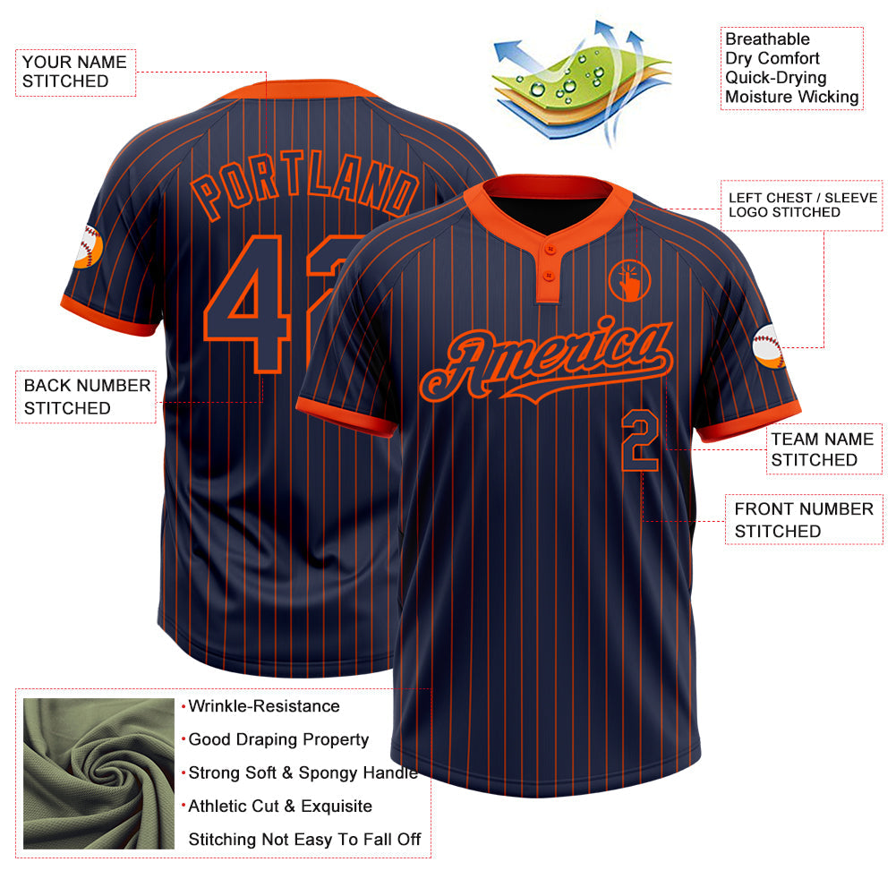 Custom Navy Orange Pinstripe Orange Two-Button Unisex Softball Jersey view 3
