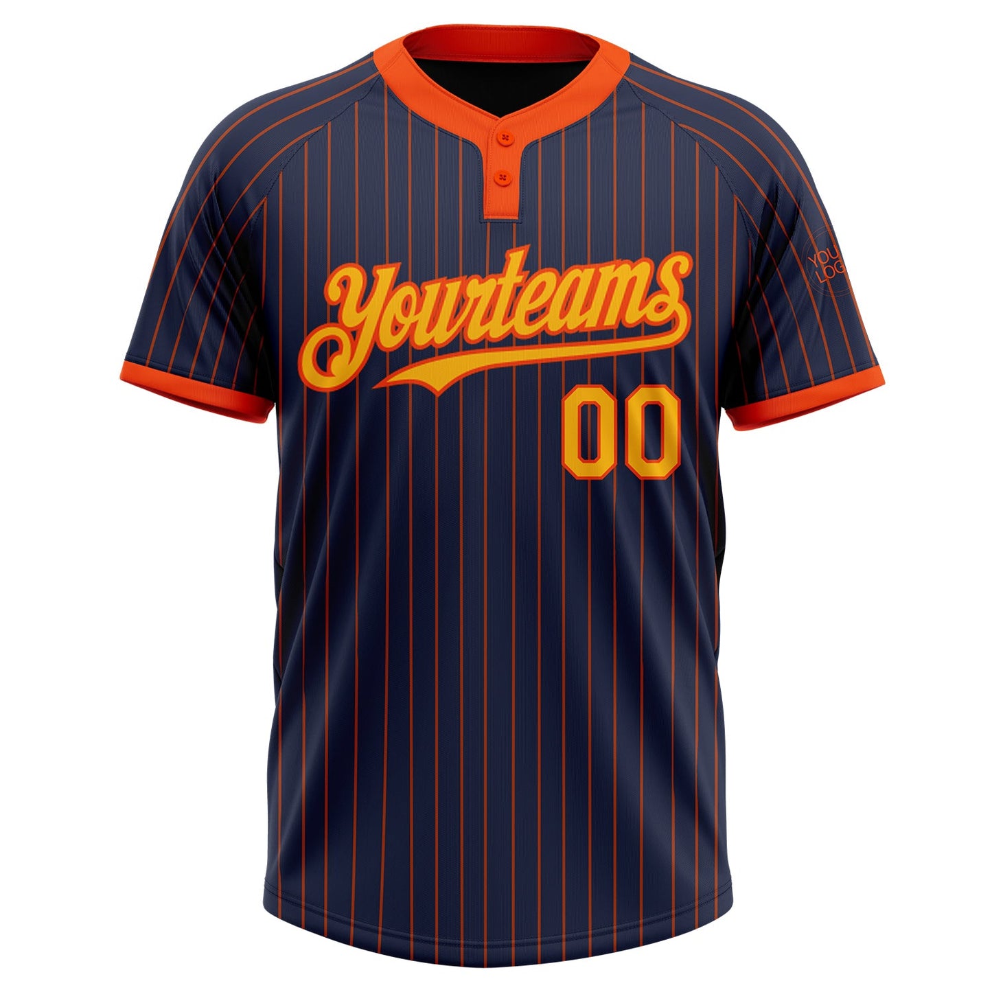 Custom Navy Orange Pinstripe Gold Two-Button Unisex Softball Jersey view 2